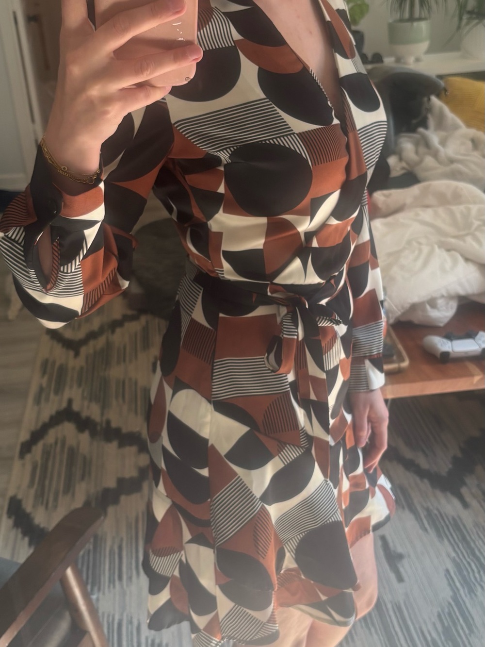 Dex Geometric Wrap Dress in Brown, Black & Cream